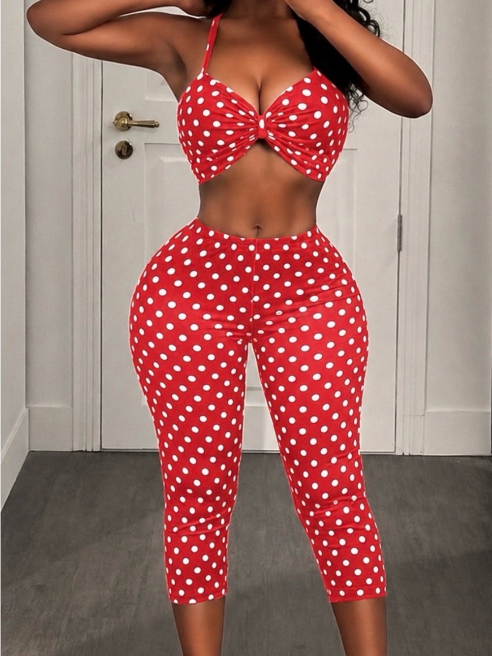 Red Polka Dot High-Waist Capri Pants - Women